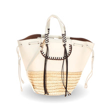 Load image into Gallery viewer, Beige tote bag with straw bottom and striped handle on a white background