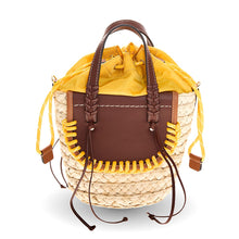 Load image into Gallery viewer, Woven bag with yellow drawstring and brown accents on a white background